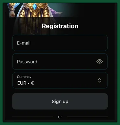 Kontoerstellung als erster Schritt vor der Einzahlung Registrierungsfelder E-Mail, Passwort, Währung EUR und grauer Sign-up-Button