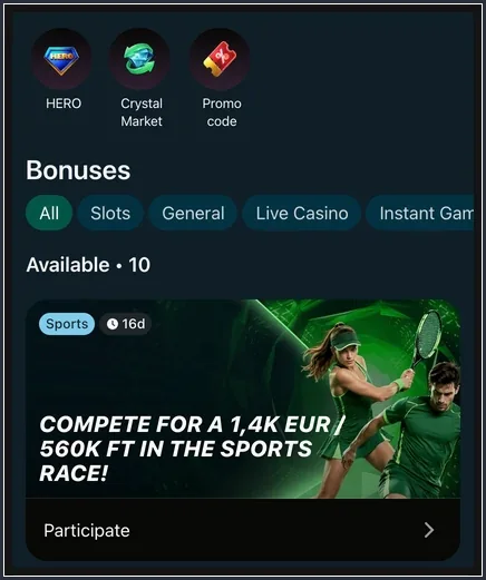 Mobile Bonusseite mit Symbolen HERO, Crystal Market, Promo code, Filtern und Sportaktion