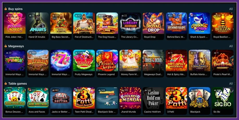 Rubriken Buy spins, Megaways und Table games mit Pink Joker, Blackjack und Sic Bo