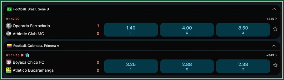 Sportwetten-Liveliste mit Fußballspielen und Dreiweg-Quoten Live-Fußballwetten mit Quoten 1, X, 2 für Brasilien Serie B und Kolumbien Primera A