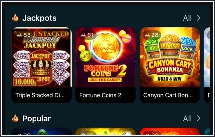 Jackpot-Slots in der Rubrikenansicht der Lobby Jackpots-Reihe mit Triple Stacked Diamonds, Fortune Coins 2, Canyon Cart Bonanza, darunter Popular