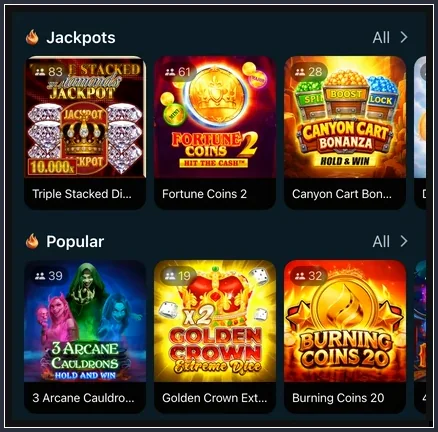Rubriken Jackpots und Popular mit Triple Stacked, Fortune Coins 2 und Burning Coins 20