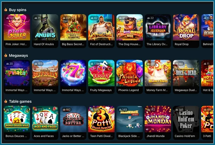 Spielautomaten nach Kategorien sortiert, Bonuskauf und Megaways Kategorien Buy spins, Megaways, Table games mit Anubis, Fruity Megaways, Jacks or Better