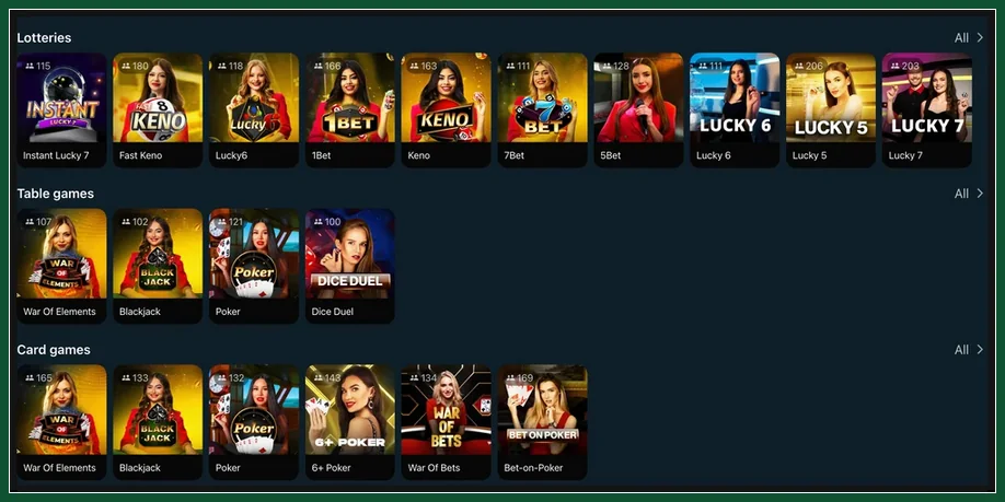 Live-Lobby mit Lotterien Keno, Lucky 6, Tischspielen War of Elements, Blackjack und Kartenspielen