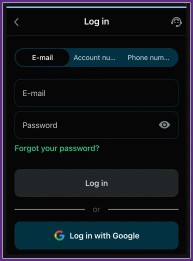 Login-Maske mit Reitern E-Mail, Kontonummer, Telefon, Passwortfeld und Google-Anmeldung