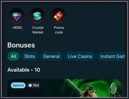 Bereich für Promocode und Aktionsfilter im Konto Symbole HERO, Crystal Market und Promo code über Bonuses, Filter All, Slots, Live Casino