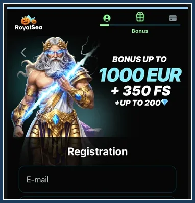 Oberer Teil der Registrierung: Logo, Zeus-Figur, Bonus-Banner und erstes E-Mail-Feld