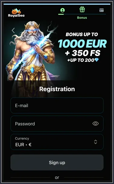 Registrierungsformular mit E-Mail, Passwort, Währung EUR und Sign-up-Button unter Zeus-Banner