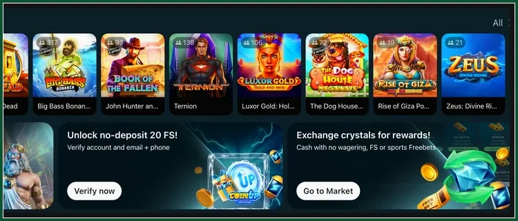 Rechte Top-Slots-Reihe mit Rise of Giza, Zeus, Kacheln Verify now, Go to Market