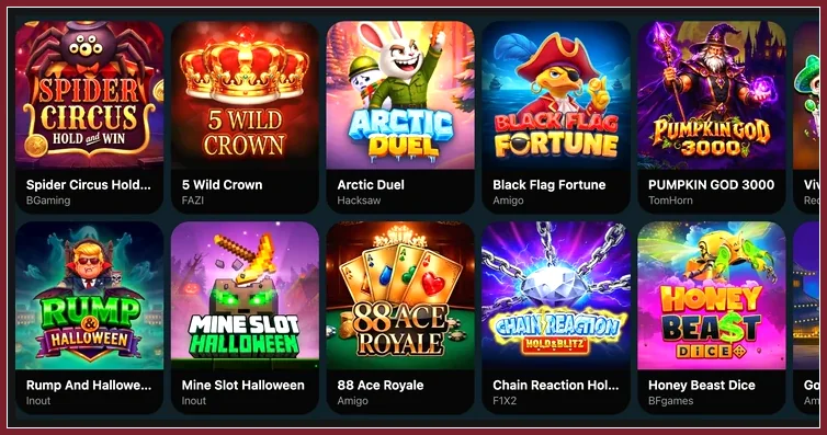 Auswahl an Spielautomaten mit Anbieternamen Zwei Slot-Reihen: Spider Circus, Black Flag Fortune, Honey Beast Dice, Mine Slot Halloween