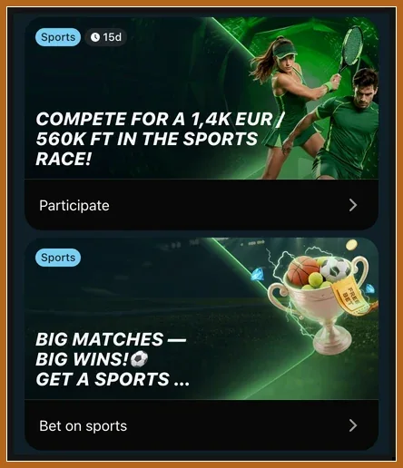 Zwei Sport-Aktionskarten: Sports Race mit Tennisspielern und Big Matches mit Pokal