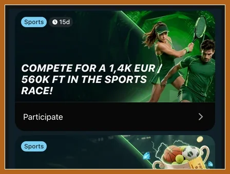Wettbewerbsaktion im Aktionsbereich für Codes und Angebote Sports-Race-Karte mit 1,4K EUR Preispool, Tennisspielern und Schaltfläche Participate