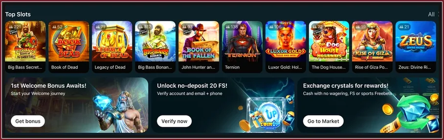 Startseite mit Reihe Top Slots und drei Aktionskacheln für Willkommensbonus, Verifizierung und Markt